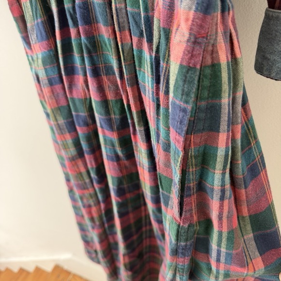 Vtg 90s Plaid Flannel Maxi Dress M Tall Denim Collar Long Sleeve Cotton Cabin - Picture 6 of 10